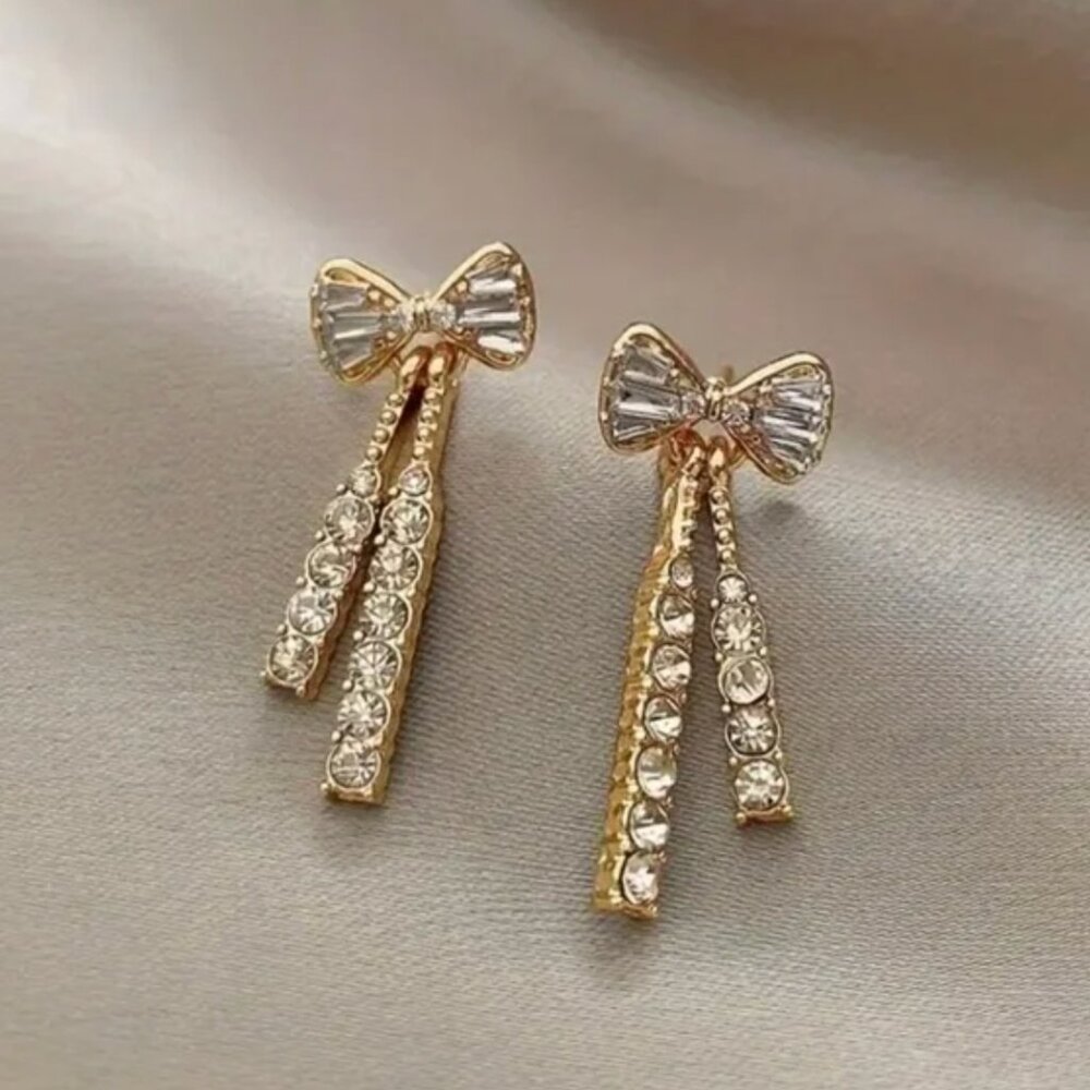 Gold and Diamond CZ Bow Dangle Drop Earrings New NWT bridal earrings